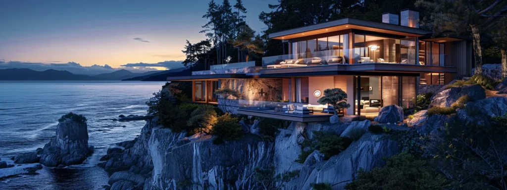 a luxurious custom home perched on a cliff overlooking the glittering ocean, showcasing bespoke architecture and impeccable craftsmanship.