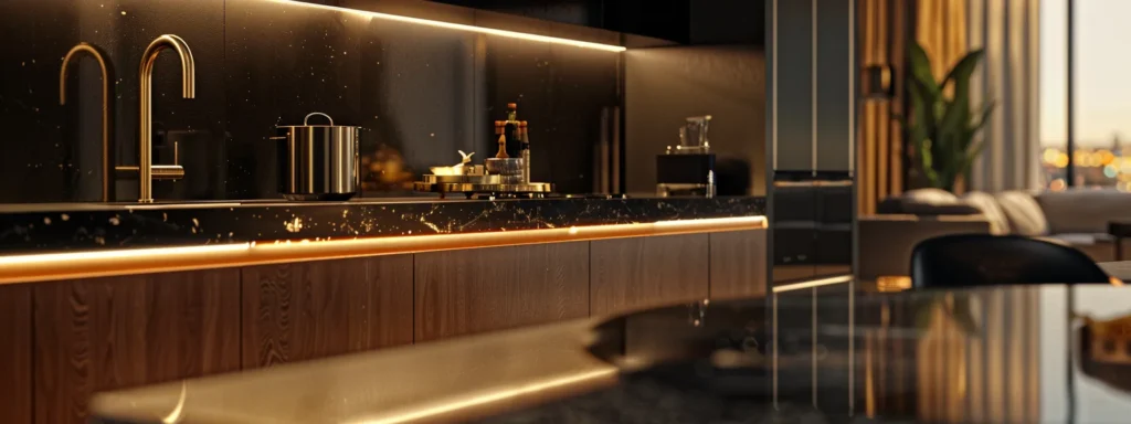 a luxurious kitchen featuring premium countertops and high-quality fixtures, with coordinating colors and textures for a sophisticated living space.