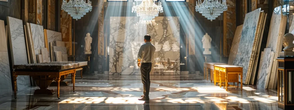 a master craftsman carefully inspecting gleaming, marble slabs and exquisite crystal chandeliers in a sunlit luxury showroom.