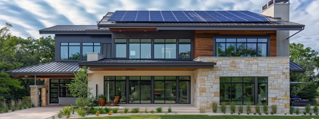 a modern custom home with sleek solar panels on the roof, large windows, and thick insulation showcasing energy efficiency and sustainability in home design.