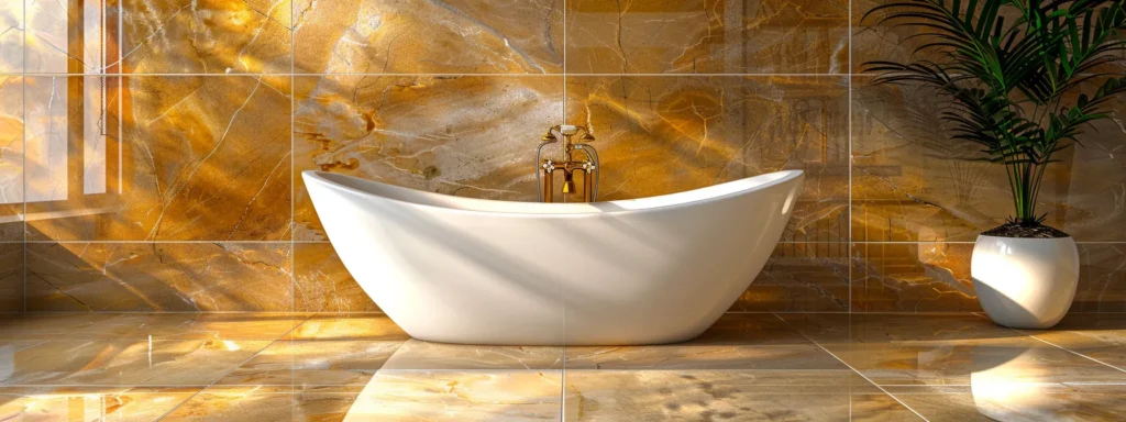 a modern, opulent bathroom with sleek marble countertops, golden fixtures, and a luxurious freestanding bathtub.