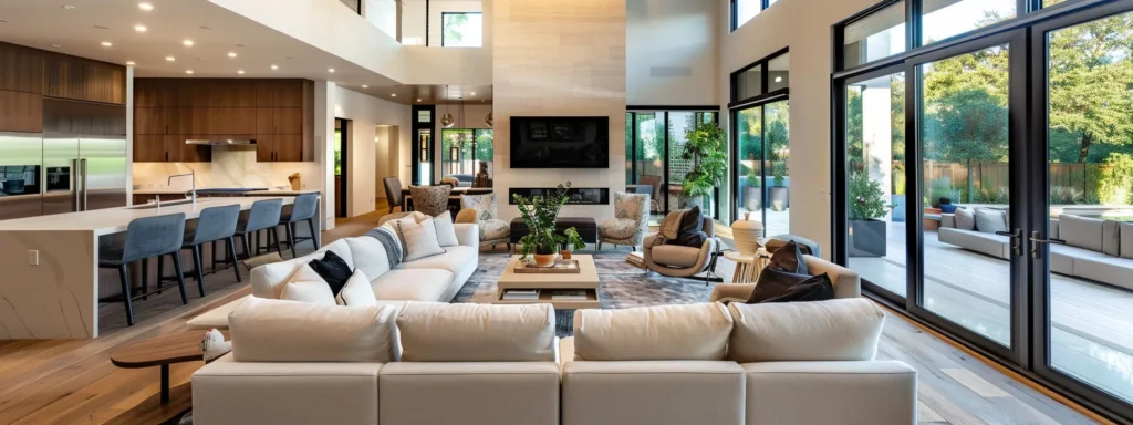 a spacious, fluid open-concept living area with versatile furniture arrangements and a seamless flow between zones, showcasing modern design trends in custom homes.