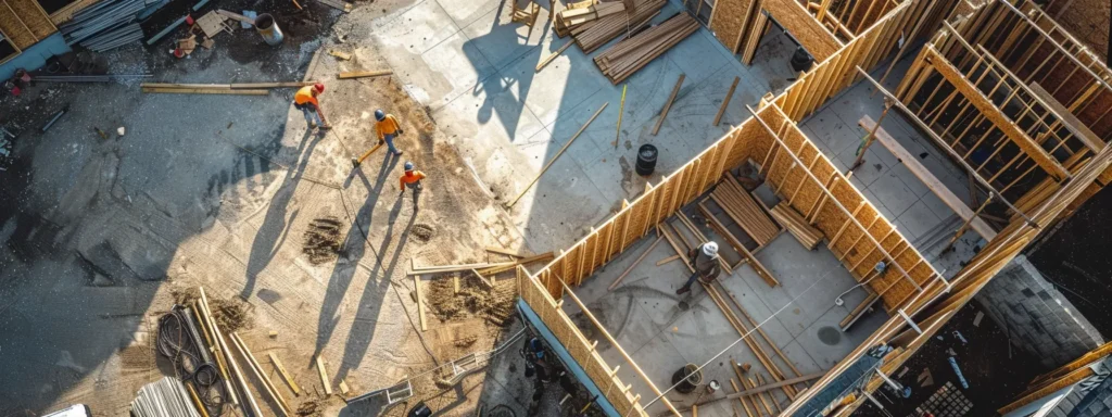 a construction site bustling with activity, showcasing meticulous preparation, oversight, and attention to detail as blueprints come to life in the creation of a luxurious custom home.