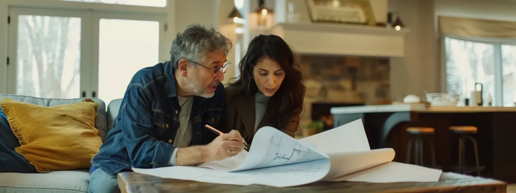 a homeowner consulting with an architect over blueprints and design sketches for a luxurious custom home project.