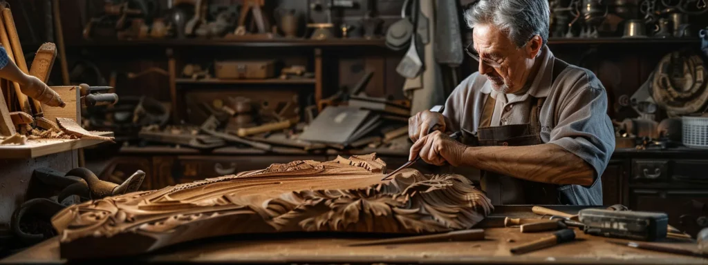 a master craftsman meticulously carving intricate details into a piece of rich, dark wood, surrounded by tools and materials of impeccable quality.