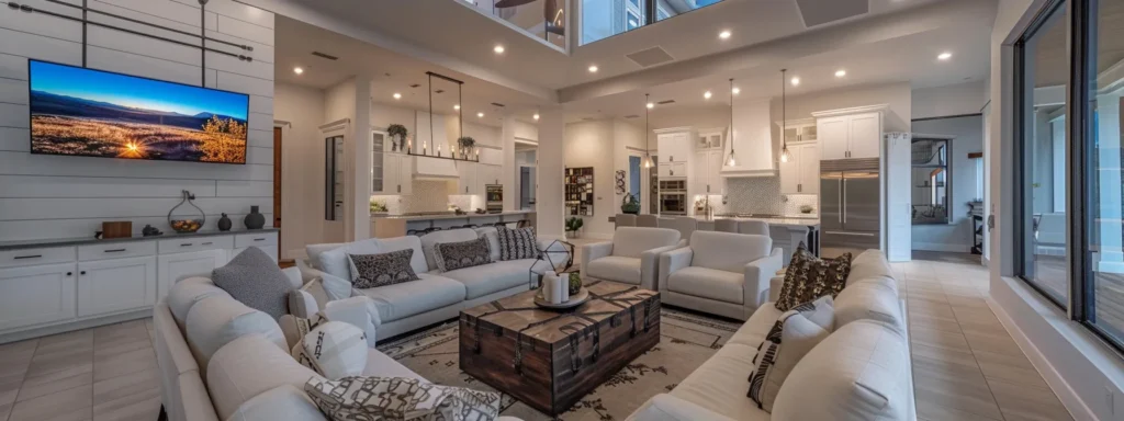 a sleek and modern living room in a luxury home, featuring state-of-the-art technology seamlessly integrated into the design.