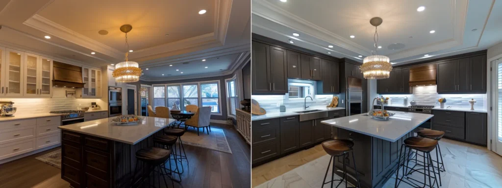 a sleek, modern kitchen with updated cabinets, a statement chandelier, and luxurious finishes to inspire a luxury home renovation.