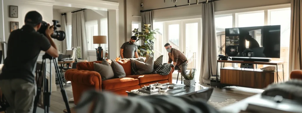 a team of skilled designers and contractors work together in a stylish, upscale living room, meticulously transforming the space into a luxurious masterpiece.