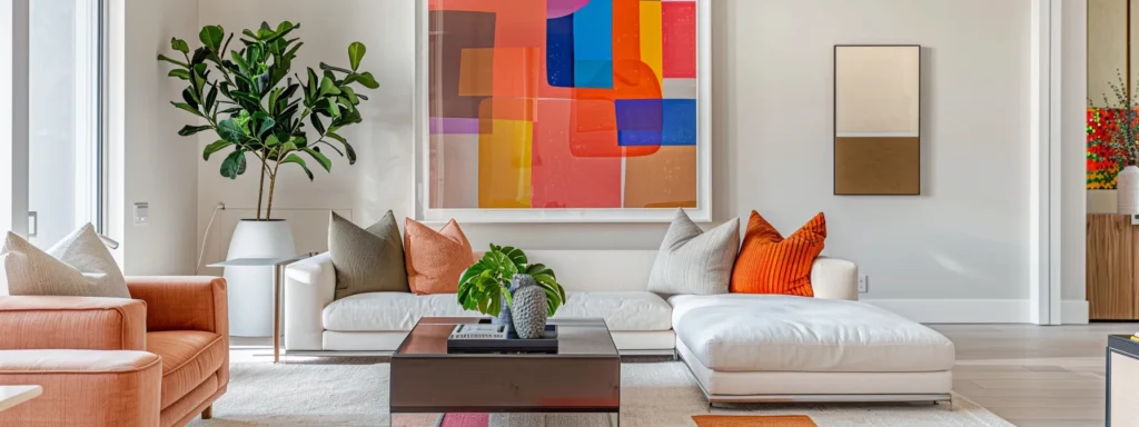 vibrant abstract artwork hanging on a bright accent wall in a modern living room, reflecting the homeowner's unique style and personality.