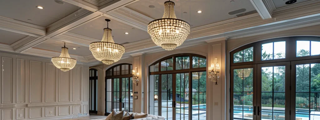 gleaming chandeliers illuminate an elegantly furnished room, reflecting the meticulous attention to detail in a newly completed custom home.