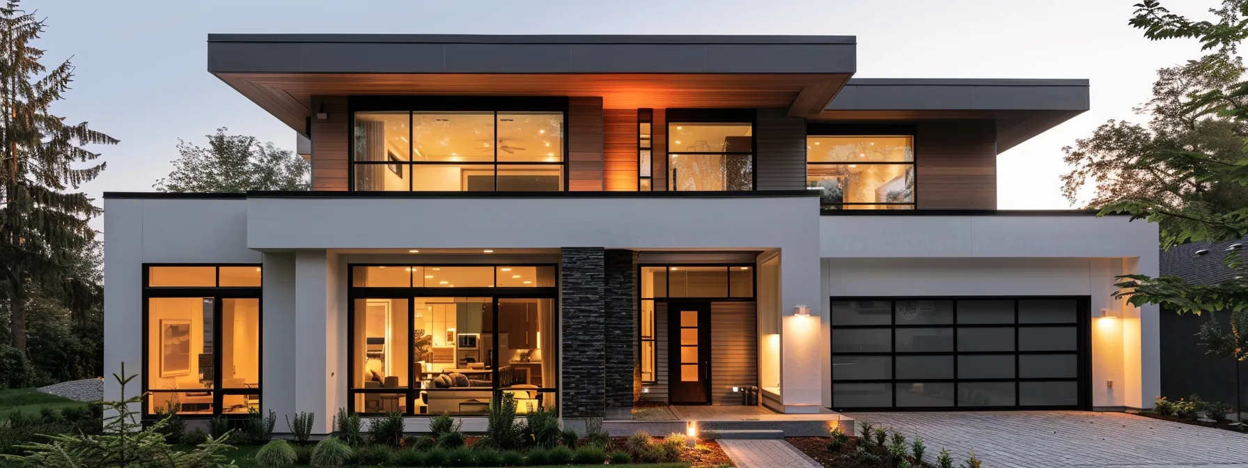 a modern, minimalist custom home design featuring sleek lines and expansive windows.