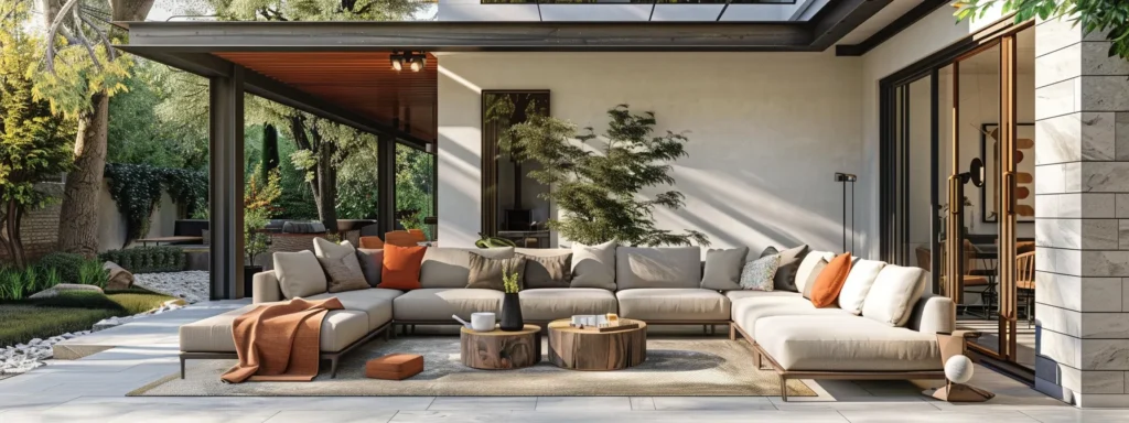 a serene outdoor living environment featuring a beautifully landscaped patio with comfortable furniture, seamlessly blending indoor comfort with nature's tranquility.