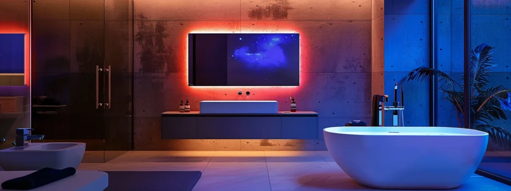 a sleek, modern bathroom with voice-activated lighting, temperature control, and a smart mirror displaying the weather forecast, creating a luxurious and tech-savvy living space.