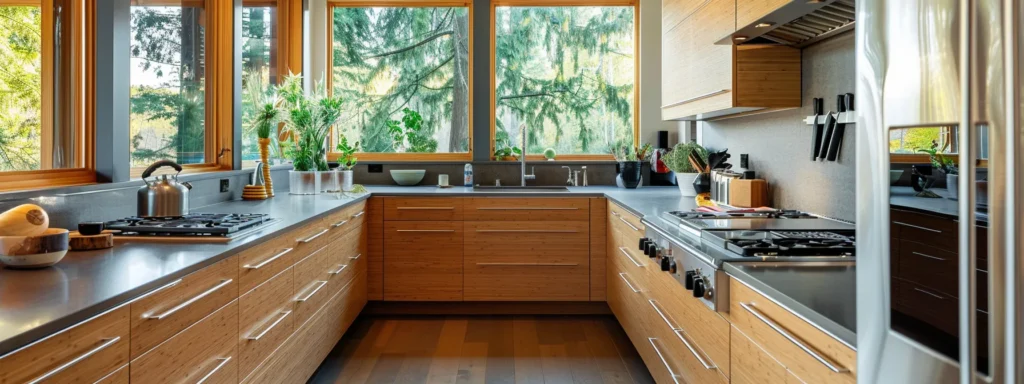 a sleek, modern kitchen with countertops made from bamboo and cabinets crafted from reclaimed wood, reflecting the trend of incorporating sustainable materials in custom home design.